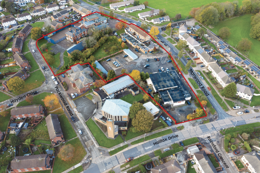 This image: aerial photo of Stocking Farm Neighbourhood Centre, overlaid with the red line boundary.
							The map: the map has zoomed into the site and there are map markers around the site perimeter, which show photos of the site
							when clicked on.